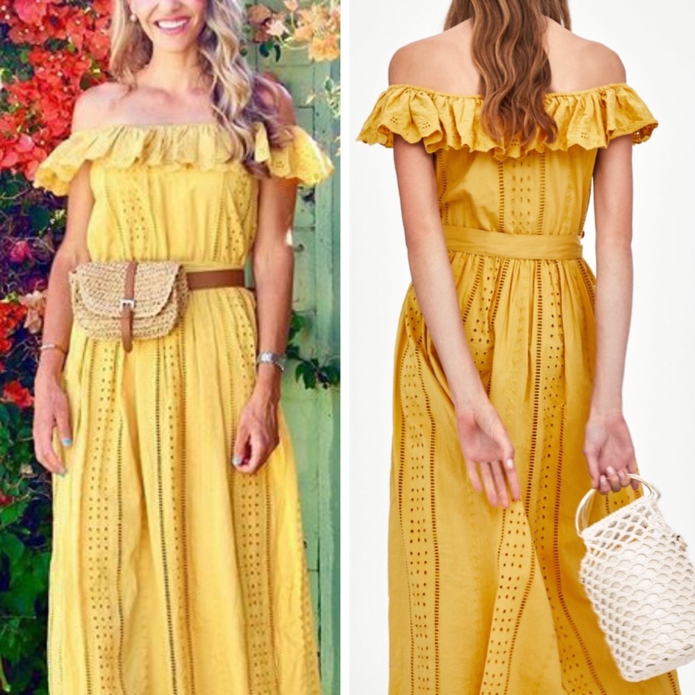 ZARA MUSTARD OFF THE SHOULDER EMBROIDERED MIDI FRILL DRESS NEW WITH TAGS MEDIUM